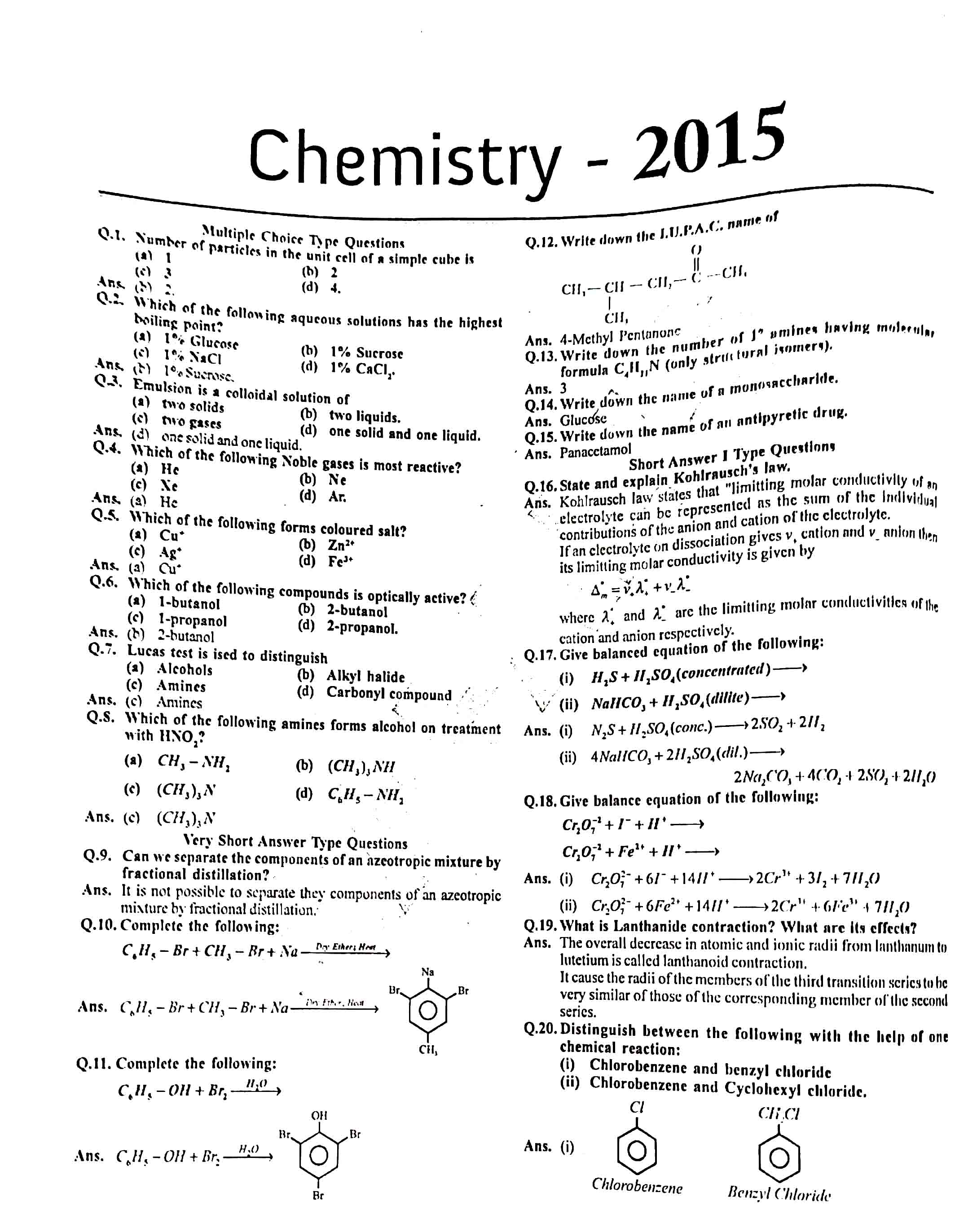 JAC Class 12 Chemistry Question Paper 2015 with Solution — page 1