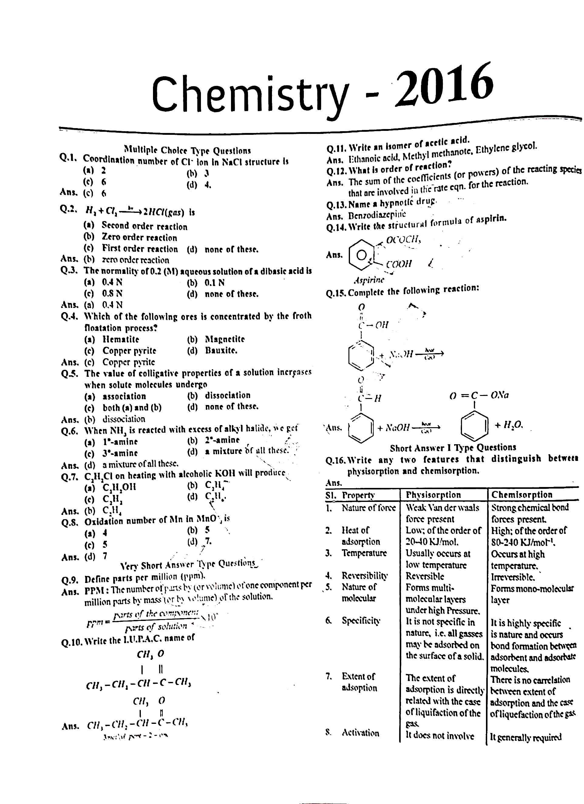JAC Class 12 Chemistry Question Paper 2016 with Solution — page 1