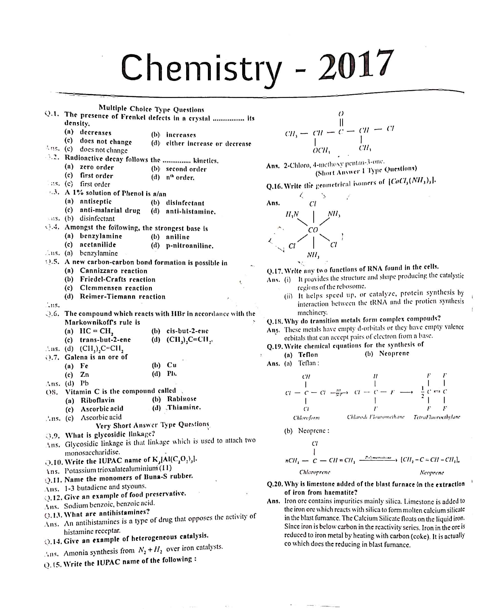 JAC Class 12 Chemistry Question Paper 2017 with Solution — page 1