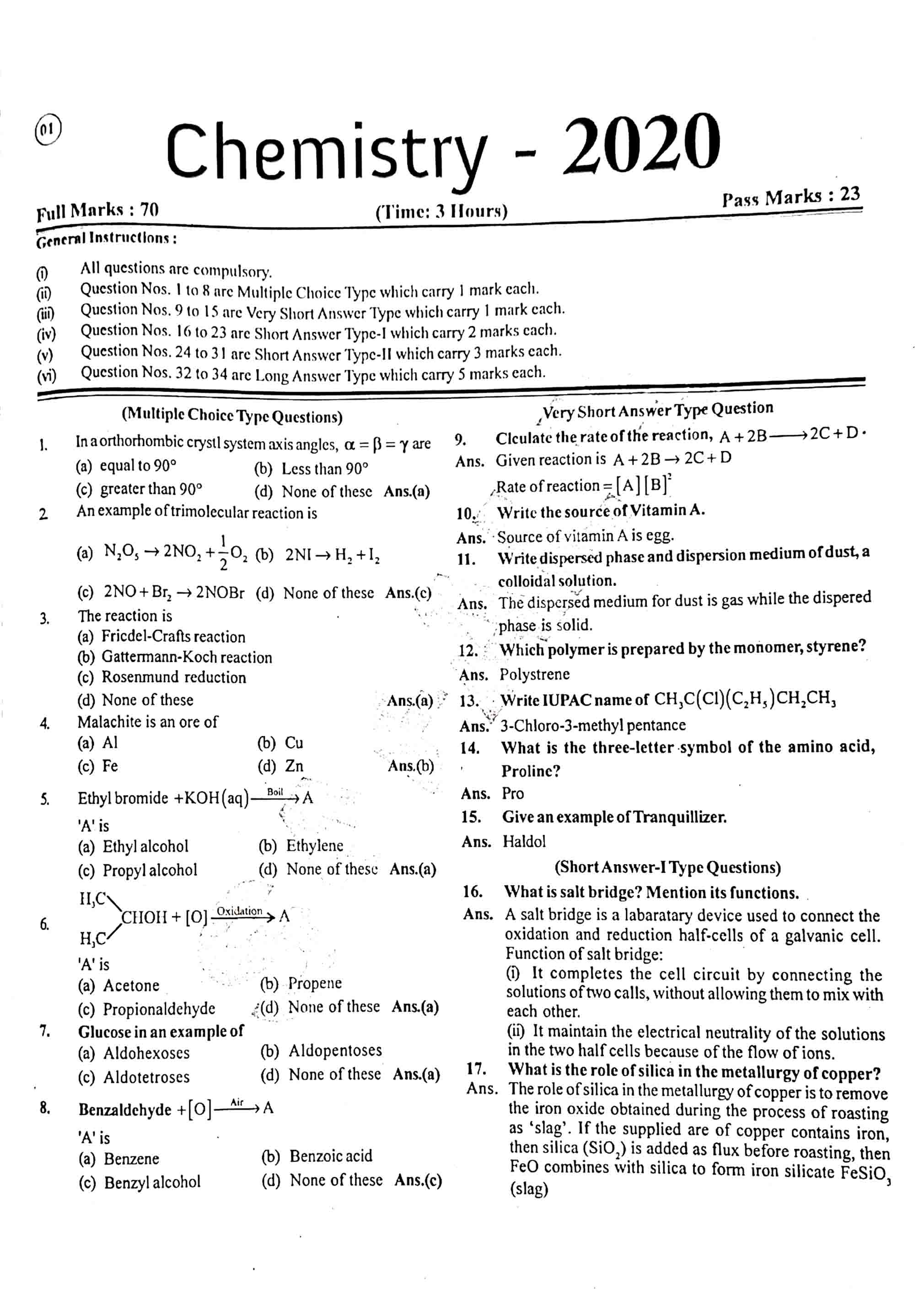 JAC Class 12 Chemistry Question Paper 2020 with Solution — page 1