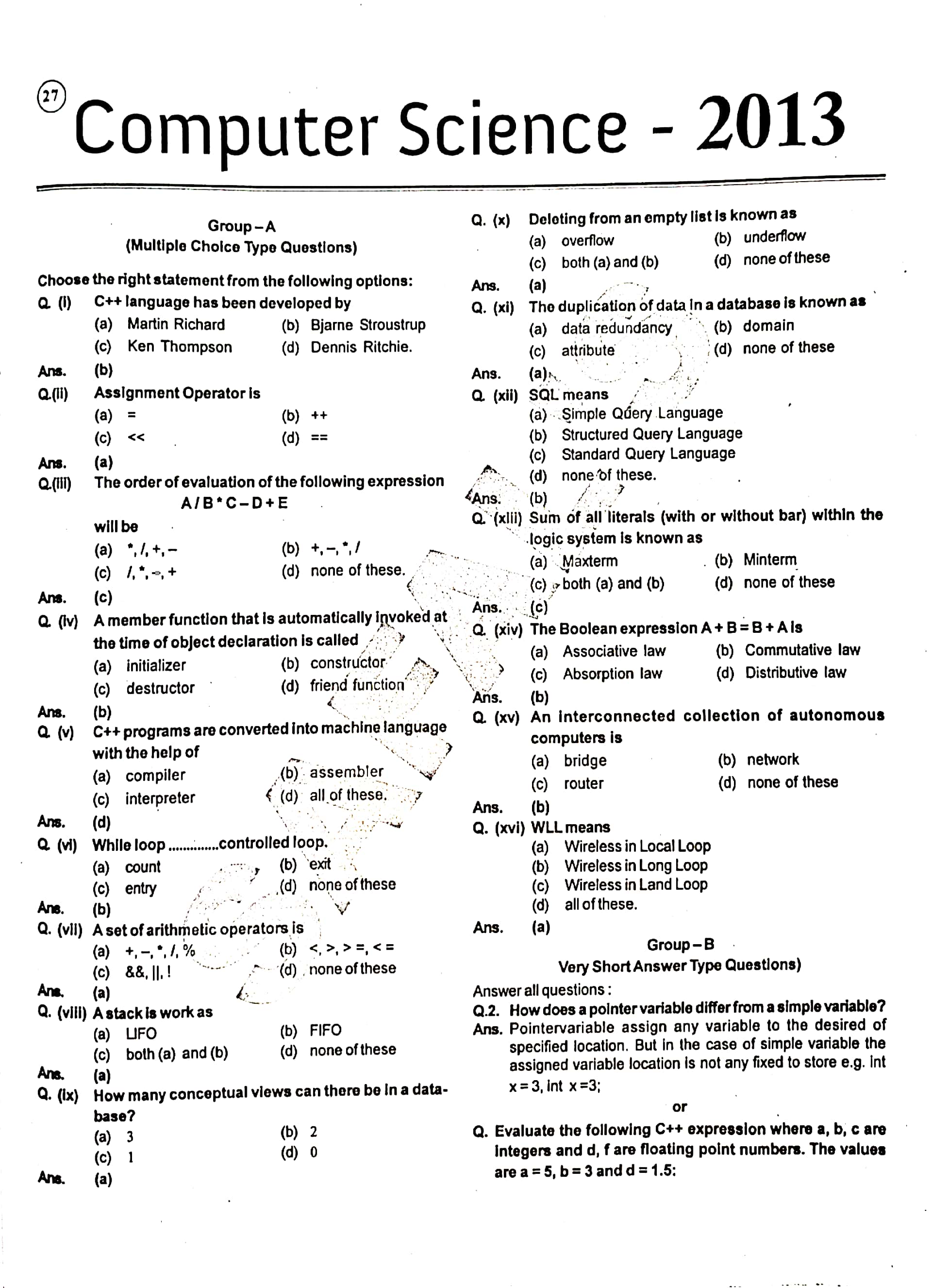 JAC Class 12 Computer Science Question Paper 2013 with Solution — page 1