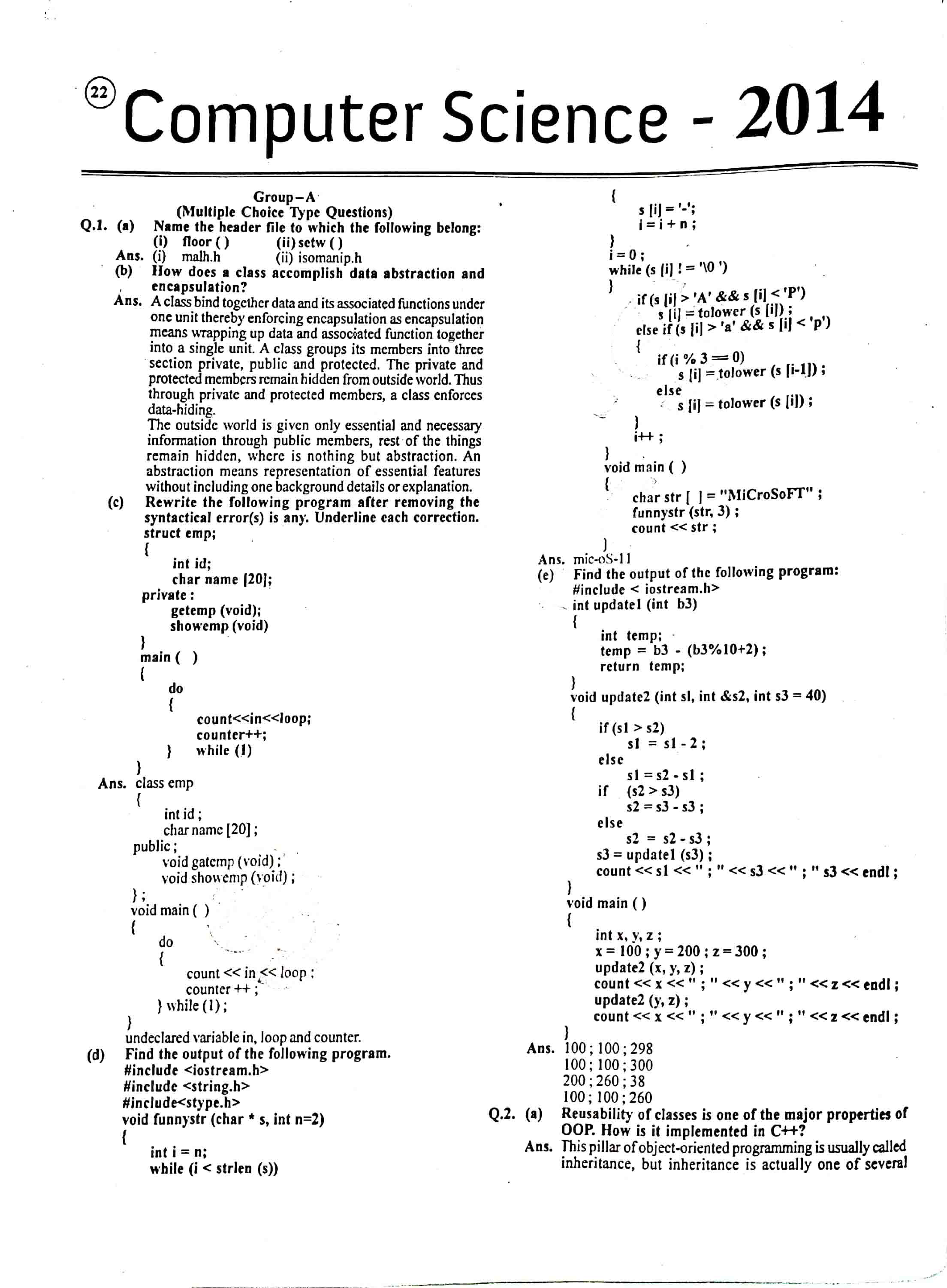 JAC Class 12 Computer Science Question Paper 2014 with Solution — page 1