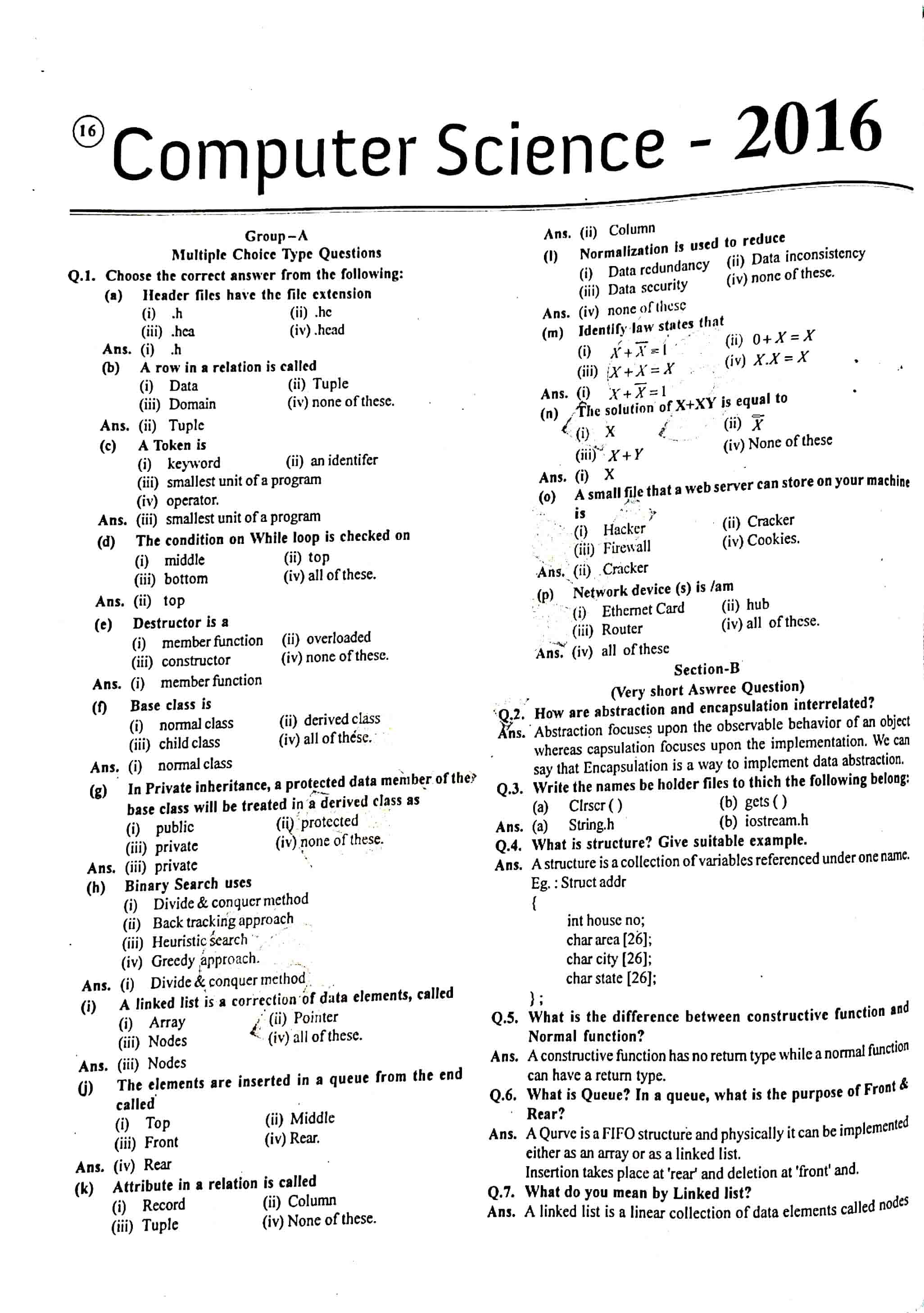 JAC Class 12 Computer Science Question Paper 2016 with Solution — page 1