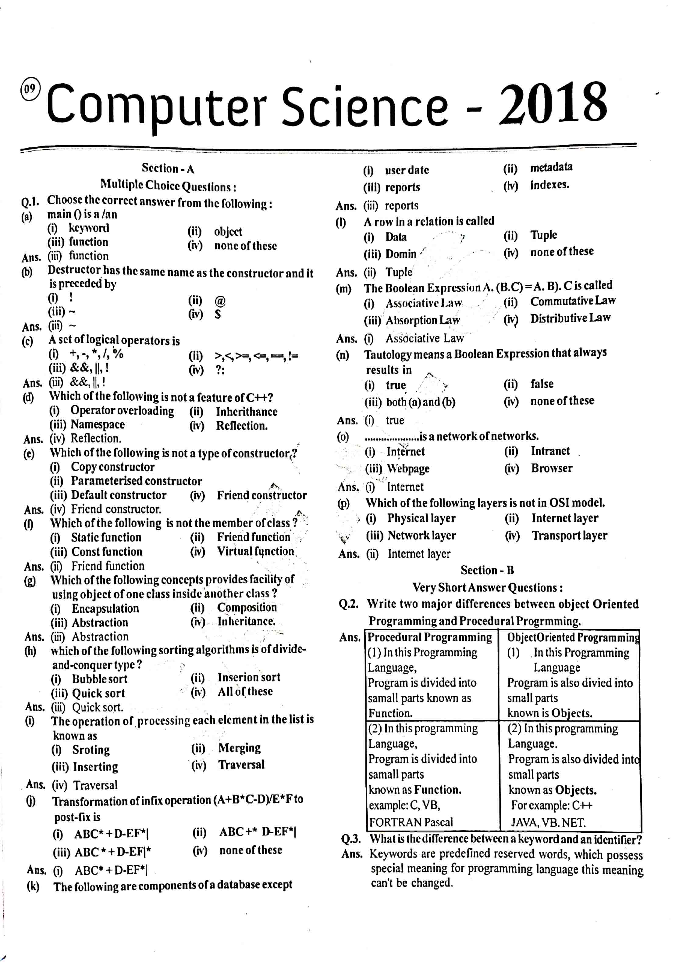 JAC Class 12 Computer Science Question Paper 2018 with Solution — page 1