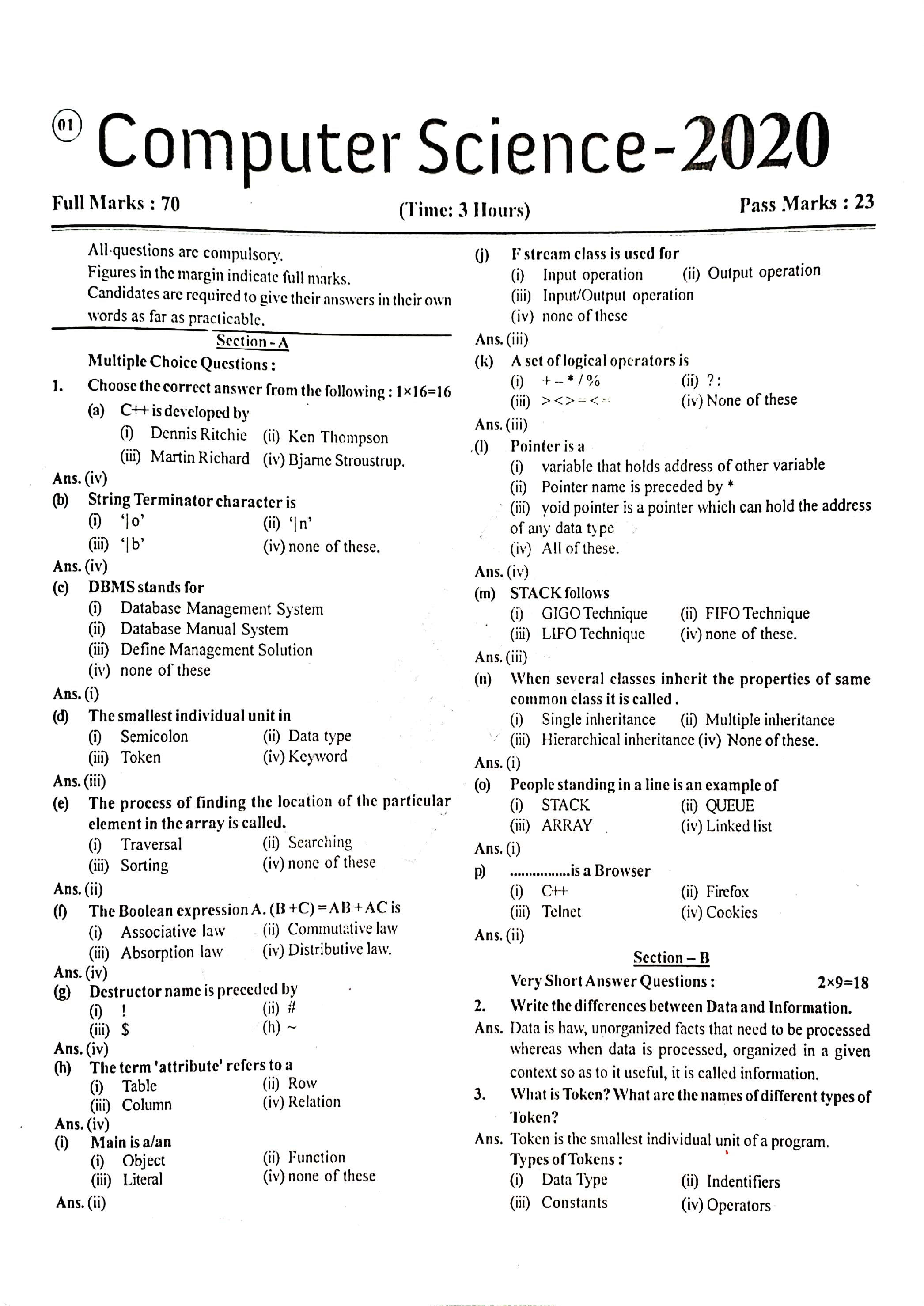 JAC Class 12 Computer Science Question Paper 2020 with Solution — page 1