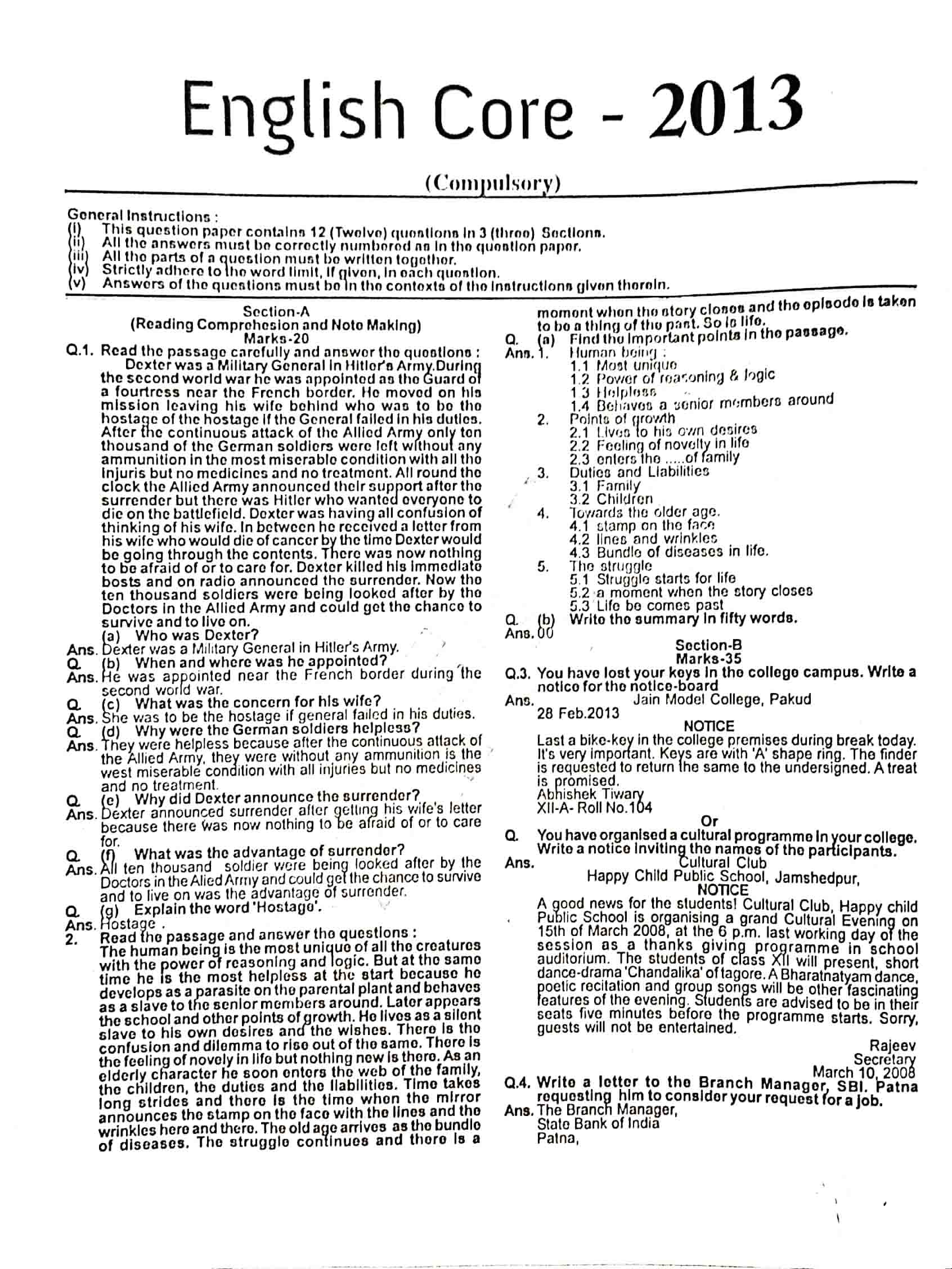 JAC Class 12 English Core Question Paper 2013 with Answer — page 1