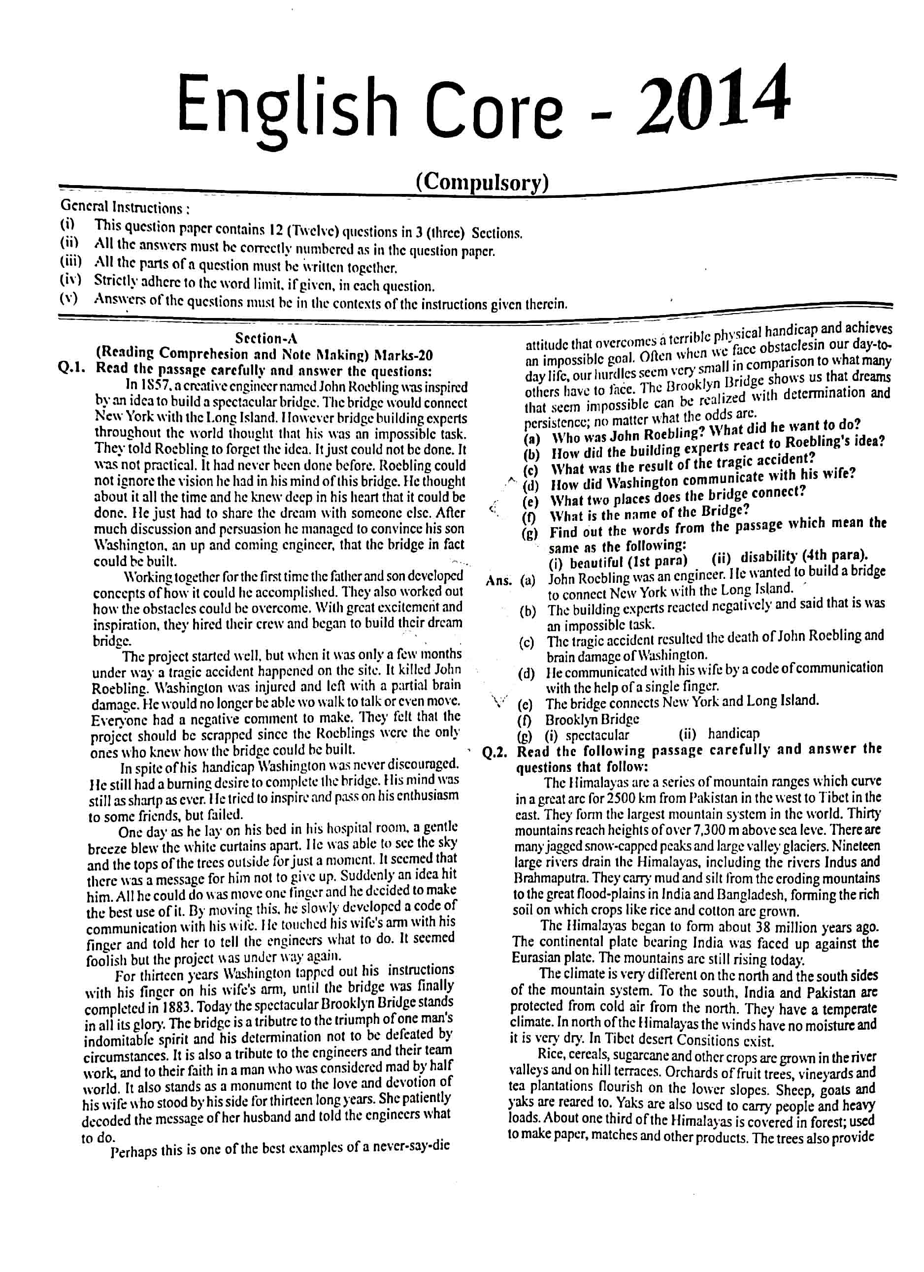 JAC Class 12 English Core Question Paper 2014 with Answer — page 1