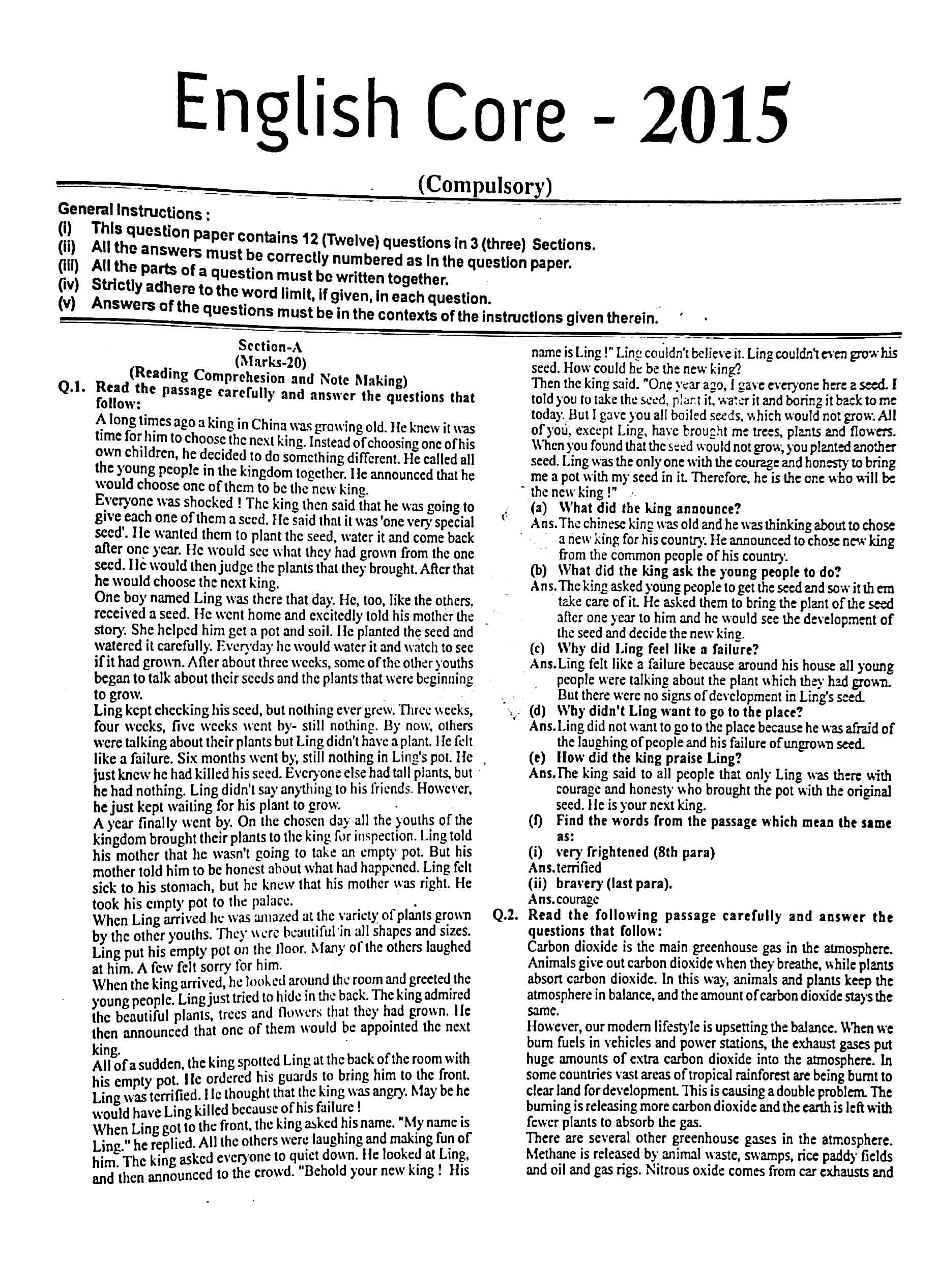 JAC Class 12 English Core Question Paper 2015 with Answer — page 1