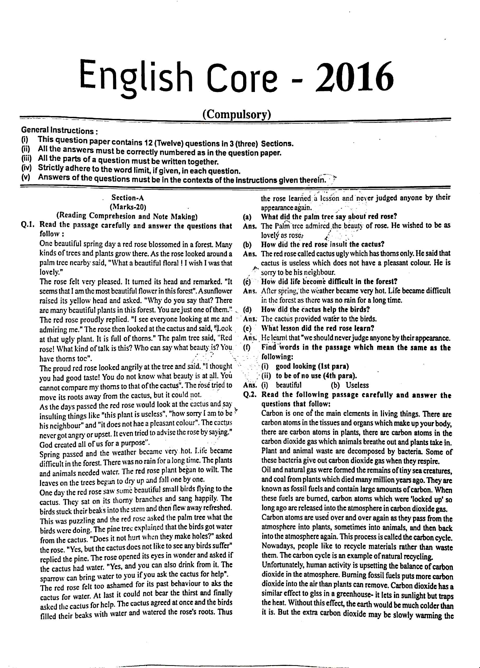 JAC Class 12 English Core Question Paper 2016 with Answer — page 1