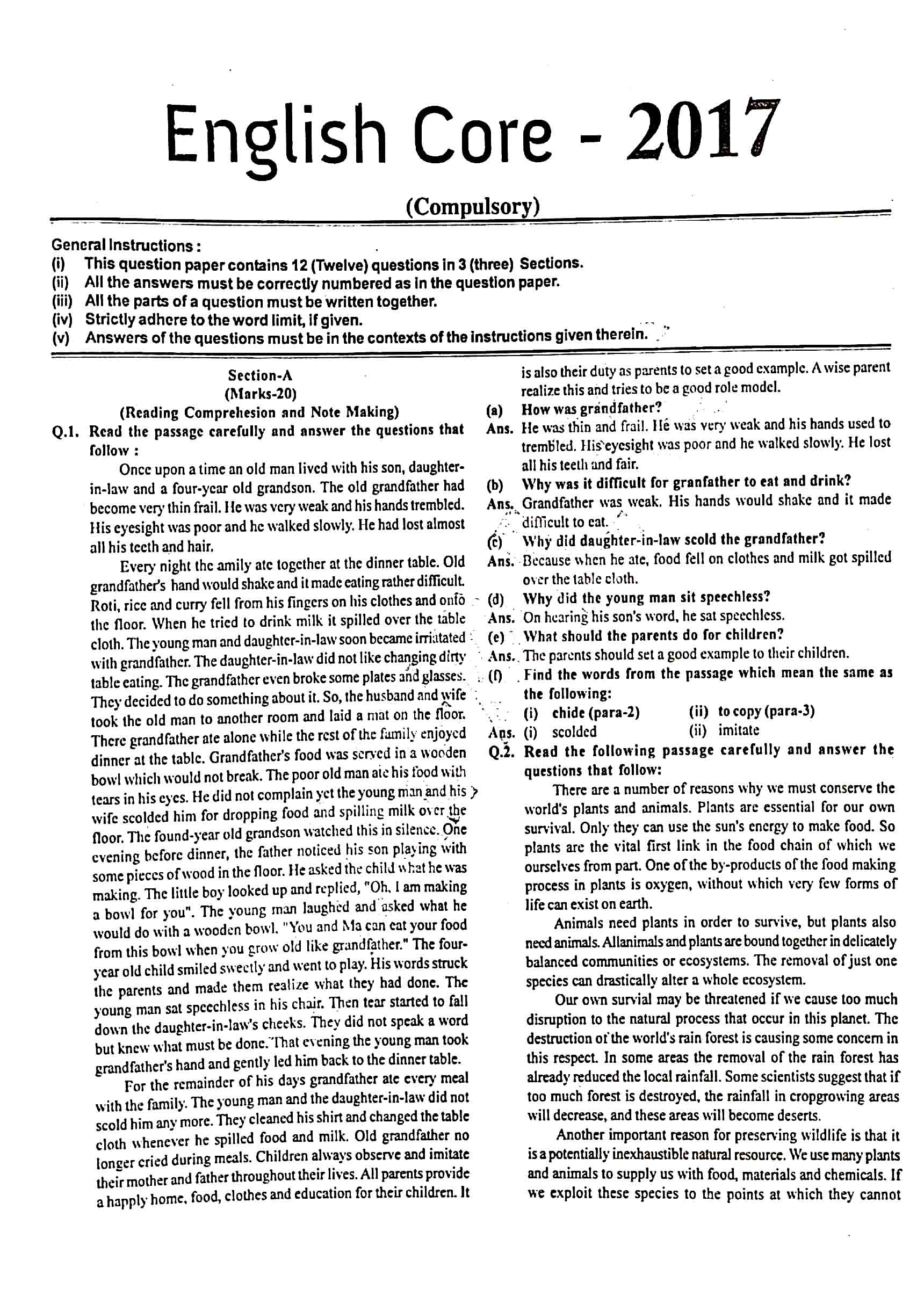 JAC Class 12 English Core Question Paper 2017 with Answer — page 1