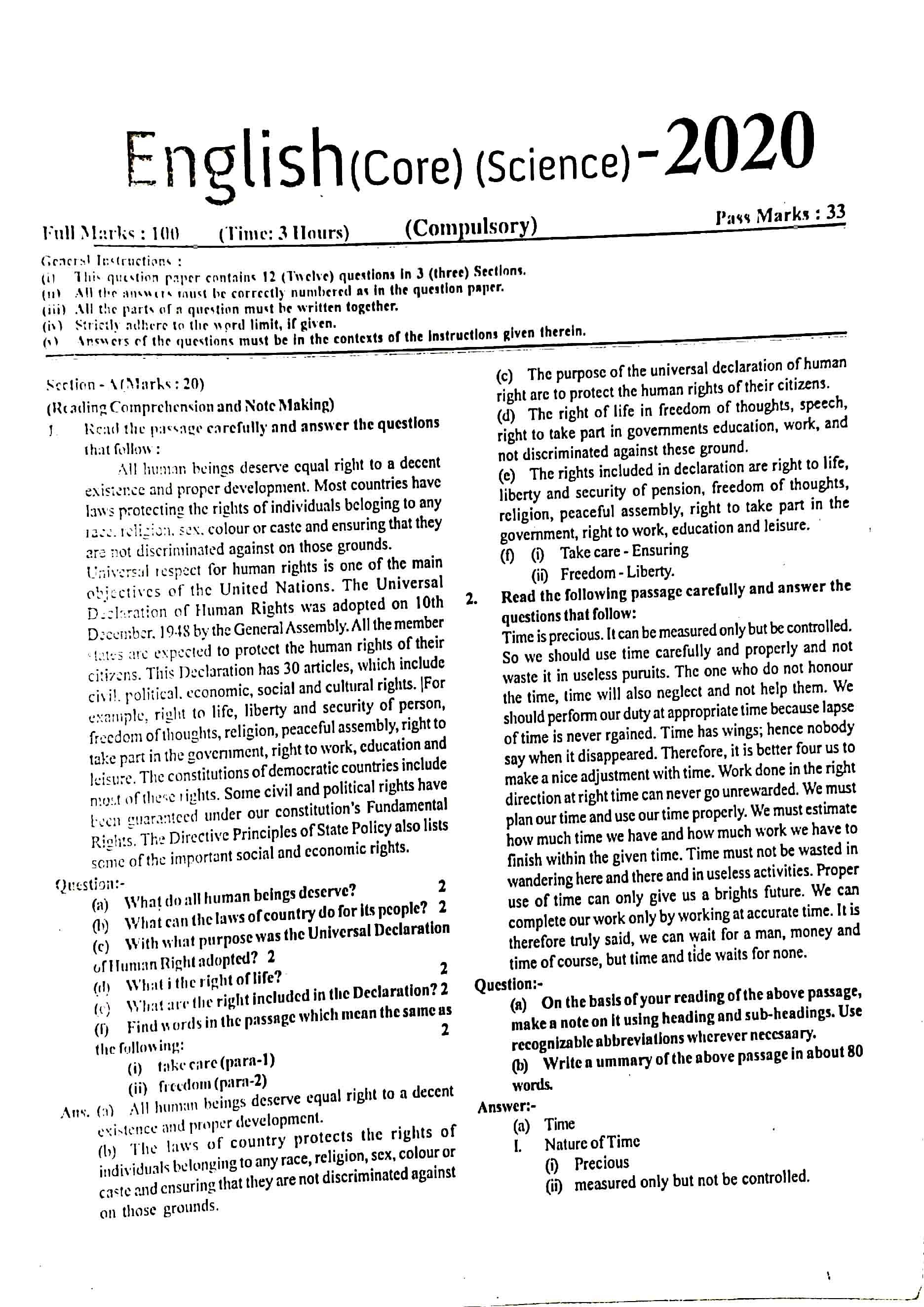 JAC Class 12 English Core Question Paper 2020 with Answer — page 1