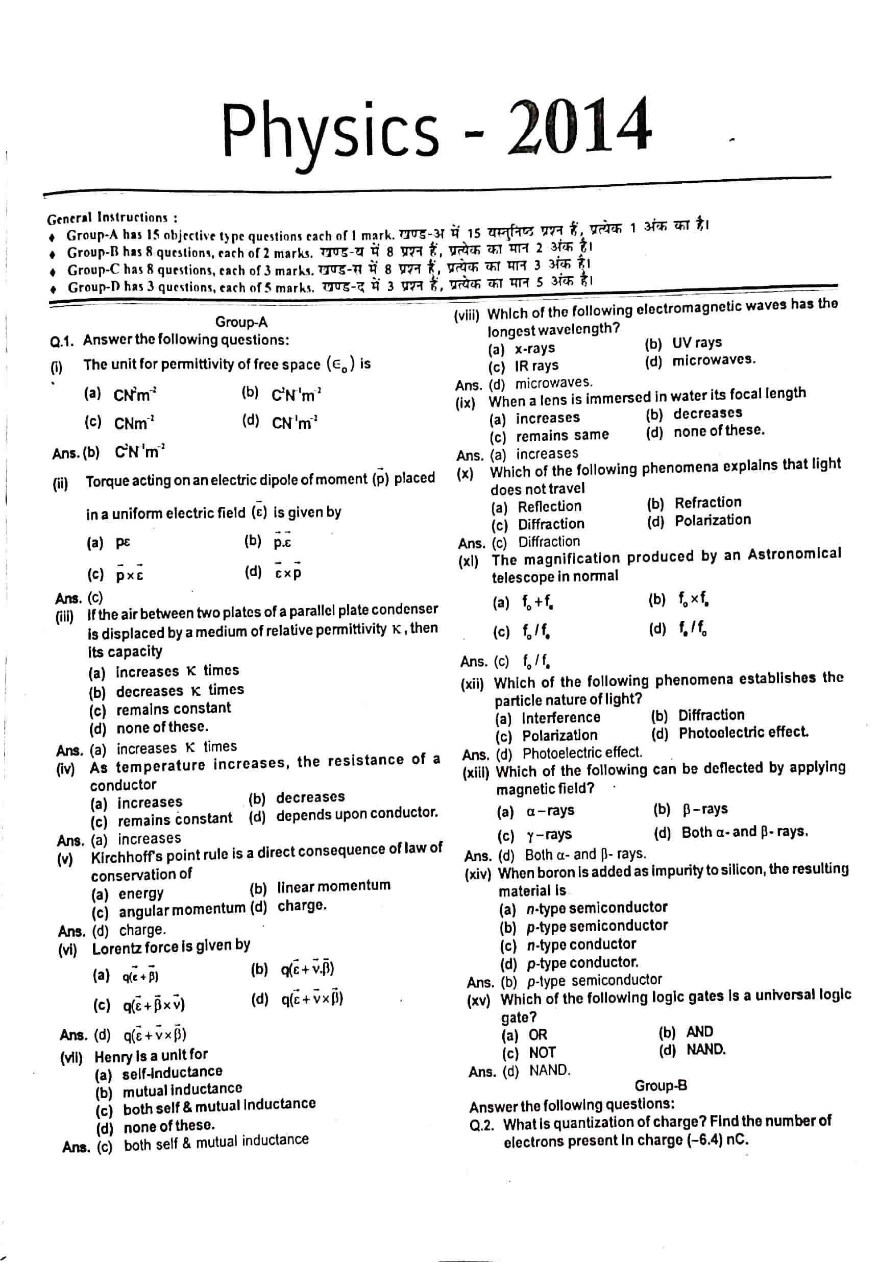 JAC Class 12 Physics Question Paper 2014 with Solution — page 1
