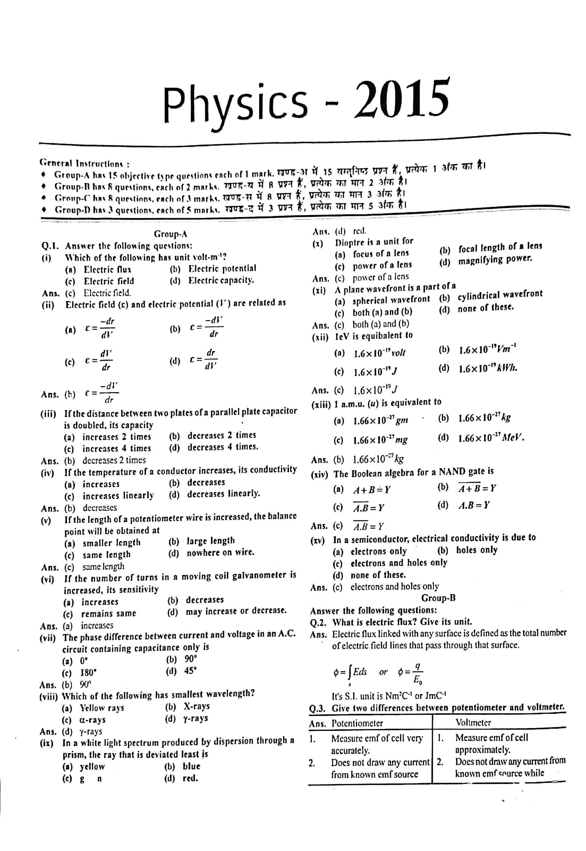 JAC Class 12 Physics Question Paper 2015 with Solution — page 1