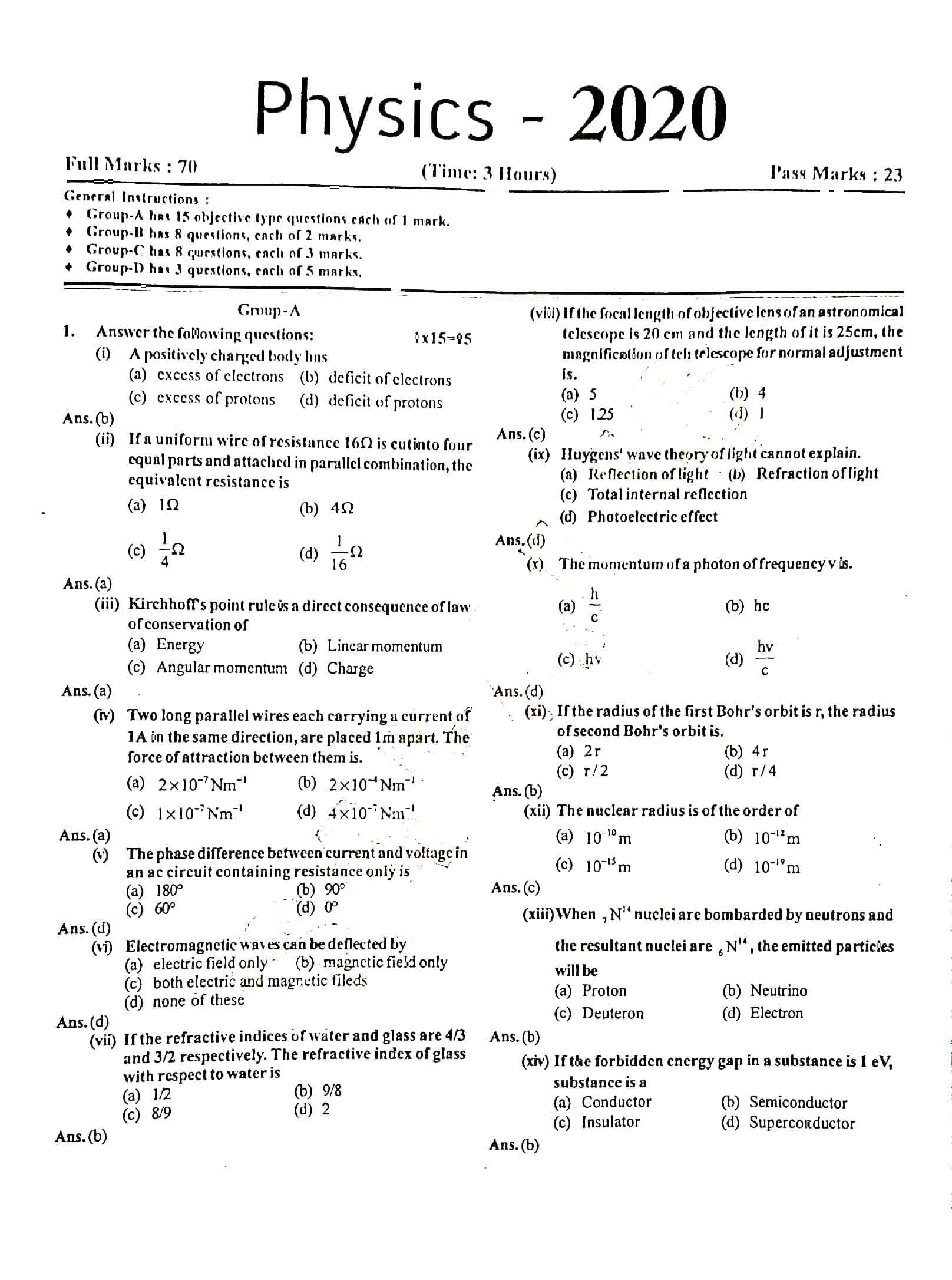 JAC Class 12 Physics Question Paper 2020 with Solution — page 1