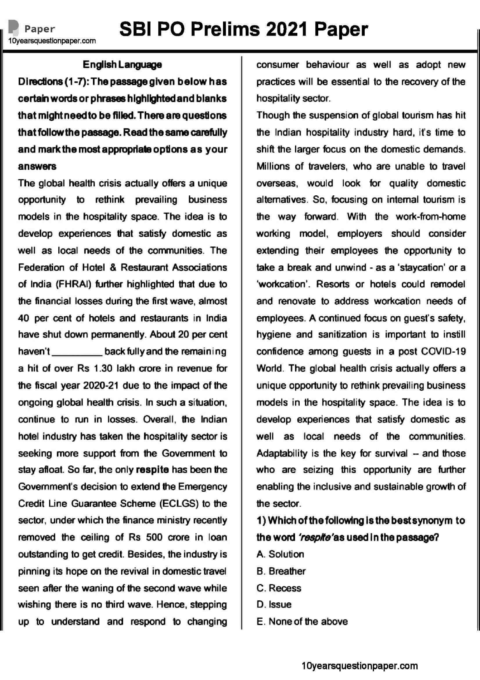 SBI PO Prelims Question Paper 2021 — page 1